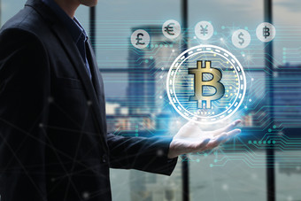 商人手持有全球网络使用货币标志象征接口比特币fintech虚拟货币区块链技术概念投资金融技术概念