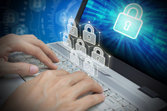 商人使用移动PC与挂锁屏幕和挂锁虚拟技术网络安全数据保护业务技术隐私概念互联网概念全球业务