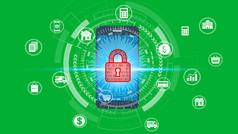 智能手机与挂锁图标技术网络安全数据保护业务技术隐私概念互联网概念全球业务