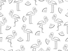 无缝的模式火烈鸟与片西瓜涂鸦风格白色背景向量插图