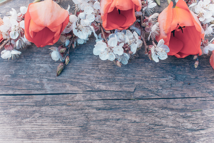 花束与白色杏花和红色的郁金香的背景老木董事会的地方为文本的概念春天有来花束与白色杏花和红色的郁金香的背景老木董事会的地方为文本