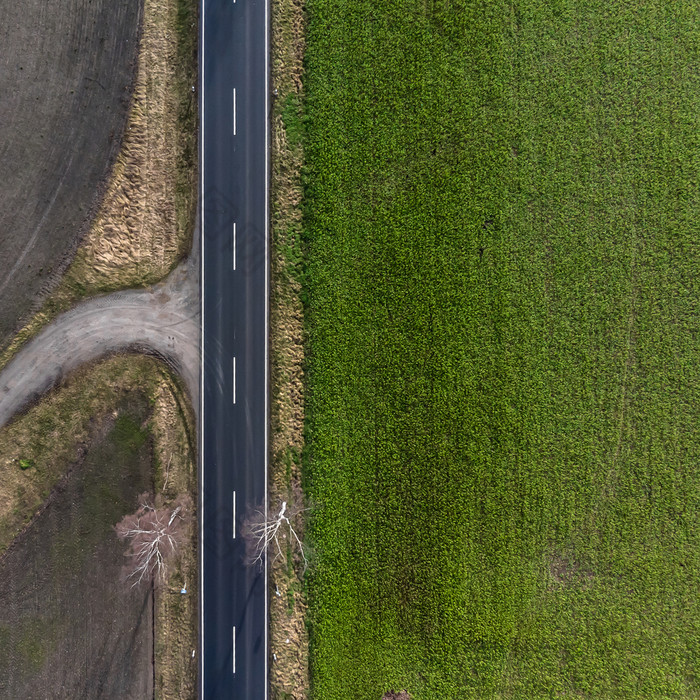 空中视图柏油国家路德国与农田的左和绿色草地的正确的一边摘要印象由于垂直角视图使与无人机