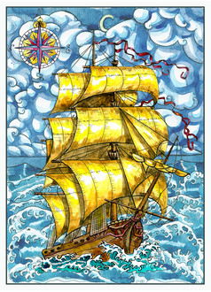 水彩航海插图幻想冒险和古董运输概念
