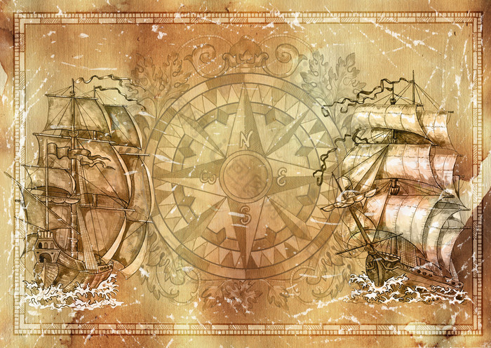海洋难看的东西纹理背景航海维多利亚时代指南针老帆船复制空间拼贴画与手画图形插图纸冒险概念
