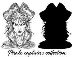 英俊的海盗队长和轮廓孤立的白色手画刻向量插图水手水手海员老古董风格