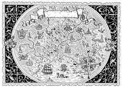 古董阿特拉斯地图幻想世界与巴洛克式的模式装饰图案海盗船指南针手画图形插图老运输背景古董风格