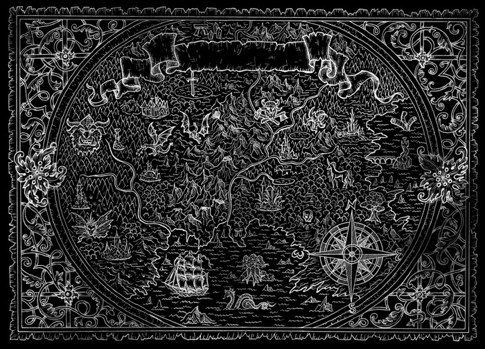 幻想阿特拉斯地图与未知的土地指南针海盗船装饰图案横幅黑色的手画图形插图老运输背景古董风格