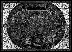 古董阿特拉斯地图幻想世界与维多利亚时代框架航海指南针黑色的手画图形插图老运输背景古董风格
