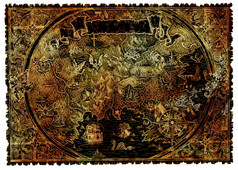 古老的海盗地图珍宝与幻想生物手画图形插图世界阿特拉斯与装饰图案横幅和维多利亚时代框架老运输古董背景