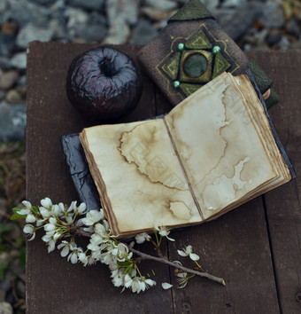 开放日记与空页面黑色的苹果和装饰书与盛开的分支木板深奥的哥特和神秘的背景与魔法对象神秘的和仙女演讲概念开放日记与空页面黑色的苹果和装饰书与盛开的分支木板
