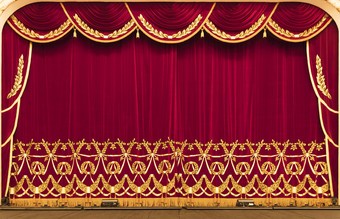 戏剧窗帘红色的颜色绣花与金布演讲电影的戏剧窗帘红色的演讲电影