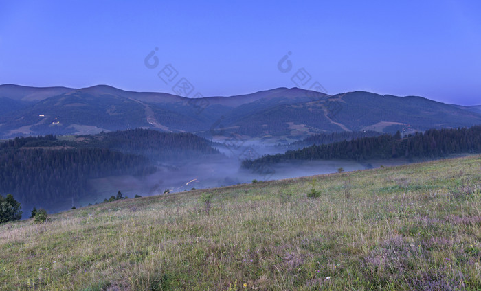 绿色山和蓝色的雾的背景喀尔巴阡山脉的山的雾传播的谷的早....喀尔巴阡山绿色草地和灰色的卷曲的雾山的背景的喀尔巴阡山脉的山的早期早....