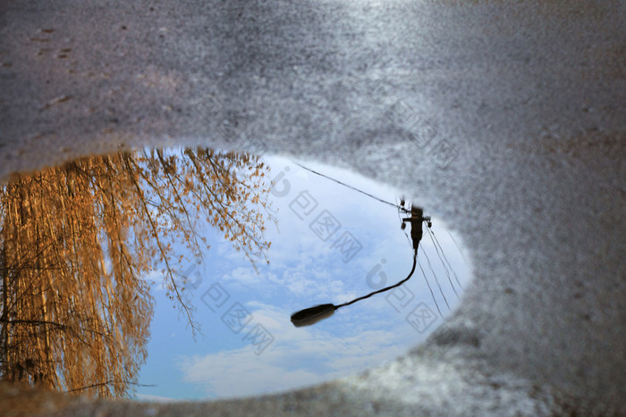 镜子模糊反射后雨的蓝色的多云的天空的轮廓街灯和树阳光照射的水坑的沥青反射的天空的轮廓街灯和树阳光照射的水坑沥青