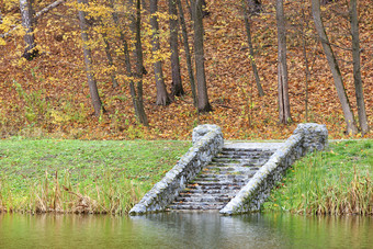 的海岸的秋天森林池塘的老苔藓石头步骤触摸的平静表面的水的秋天池塘下来的石头老步骤