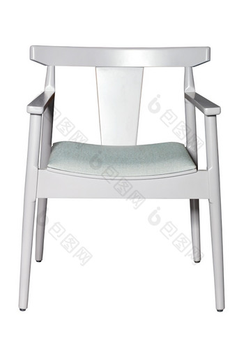 白色木椅子与软光织物室内装潢的座位和舒适的支持弯曲的回来与扶手拍摄从的前面孤立的白色背景白色木椅子软垫与布座位和舒适的支持靠背与扶手孤立的白色背景