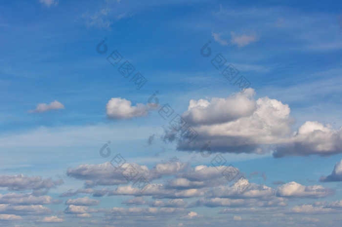 蓝色的天空背景与纹理白色毛茸茸的云浮动纤细的行高的天空郁郁葱葱的白色云浮动有序的行在的明亮的蓝色的天空