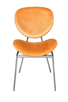 金属椅子与棕色（的）室内装潢和舒适的弯曲的回来和座位拍摄从的前面孤立的白色背景椅子与金属腿弯曲的软垫座位和弯曲的回来与光棕色（的）薇洛尔室内装潢孤立的白色背景