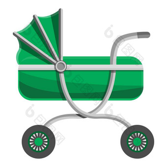 绿色婴儿马车图标卡通绿色婴儿马车向量图标为网络设计孤立的白色背景绿色婴儿马车图标卡通风格