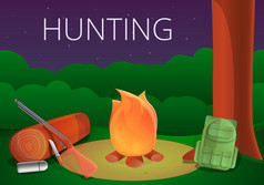 狩猎篝火概念横幅卡通插图狩猎篝火向量概念横幅为网络设计狩猎篝火概念横幅卡通风格