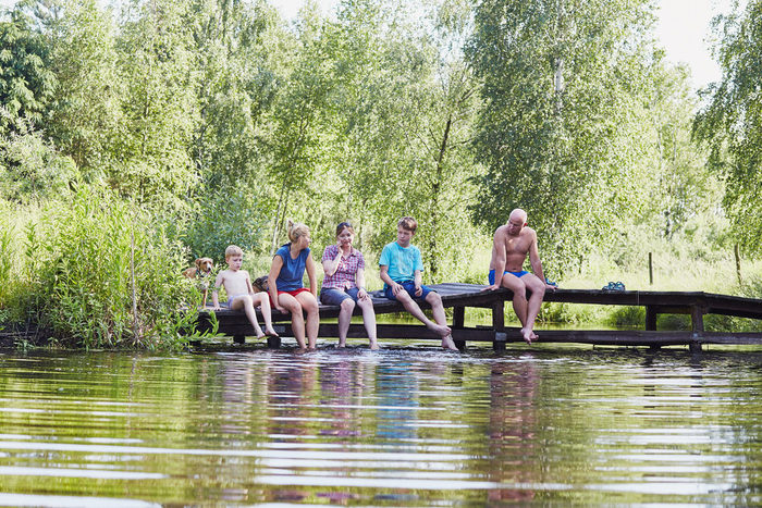家庭支出时间在一起坐着桥在湖在的树关闭自然在夏天假期坦诚的人真正的时刻真实的的情况下