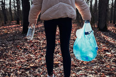 年轻的女人清洁森林志愿者挑选塑料浪费袋概念塑料污染和太许多塑料浪费环境问题环境损害责任为环境真正的人真实的的情况下