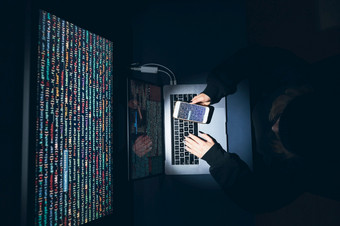 网络安全威胁年轻的女人使用电脑和编码互联网和网络安全偷<strong>私人</strong>信息人使用技术偷密码和<strong>私人</strong>数据网络攻击犯罪