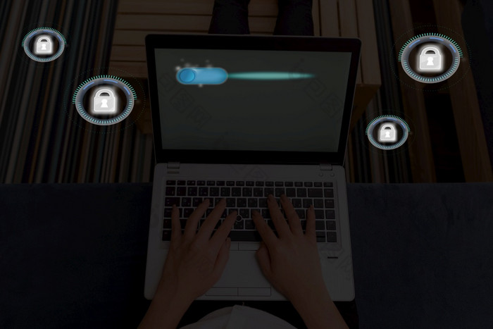图形挂锁为网络数据信息安全应用程序系统图形最新的数字技术保护数据挂锁安全的虚拟显示商人与锁安全