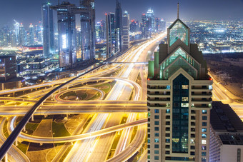 迪拜阿联酋2月迪拜塔哈利法塔的<strong>最高</strong>的建筑的世界迪拜市中心城市景观迪拜晚上天际线忙谢赫。扎耶德路十字路口日落2月迪拜
