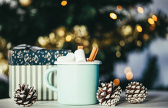 热巧克力与棉花糖和圣诞节灯舒适的冬天喝