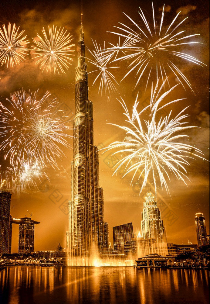 烟花周围迪拜塔哈利法塔异国情调的新一年目的地迪拜阿联酋