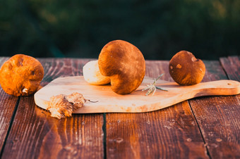 牛肝菌属Edulis在木背景秋天口袋<strong>蘑菇</strong>烹饪美味的有机<strong>蘑菇美食</strong>食物
