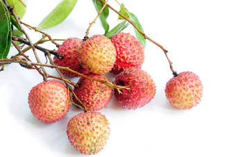 新鲜的红色的利奇水果与绿色叶子白色背景
