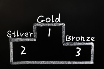 黄金银而且青铜<strong>奖牌</strong>讲台上画与白色粉笔黑板上
