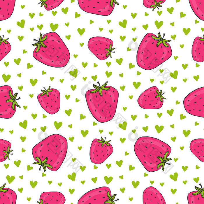 无缝的模式与粉红色的草莓向量草莓打印与心背景为纺织和包装设计无缝的模式与粉红色的草莓向量草莓打印与心背景为纺织和包装设计