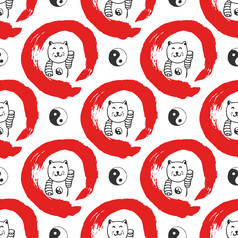 手画无缝的模式与日本《财富》杂志马内基-内科猫阴的背景为设计红色的Zen圆手绘与墨水手画无缝的模式与日本《财富》杂志马内基-内科猫阴的背景为设计红色的Zen圆手绘与墨水