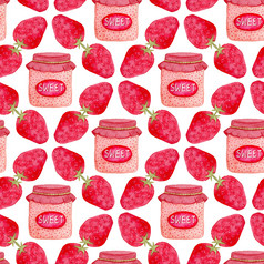 无缝的模式与小时Jar和草莓可爱的背景水彩甜蜜的浆果包装设计包装纸无缝的模式与小时Jar和草莓可爱的背景水彩甜蜜的浆果包装设计包装纸