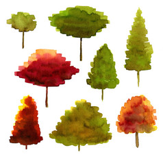 水彩插图集合色彩斑斓的树秋天树孤立的集水彩插图集合色彩斑斓的树秋天树孤立的集