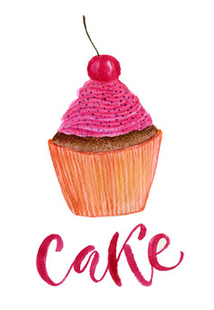 可爱的水彩蛋糕与樱桃明亮的插图为问候卡可爱的水彩蛋糕与樱桃明亮的插图为问候卡
