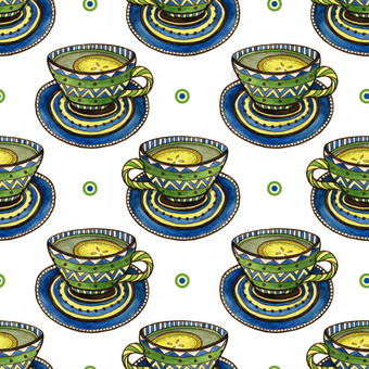 无缝的模式与茶杯和书法装饰水彩纹理为菜单包装设计无缝的模式与茶杯和书法装饰水彩纹理为菜单包装设计