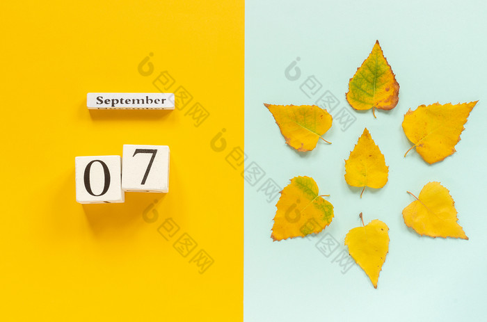 秋天作文木日历9月和黄色的秋天叶子黄色的蓝色的背景前视图平躺模型概念你好9月秋天作文木日历9月和黄色的秋天叶子黄色的蓝色的背景前视图平躺模型概念你好9月