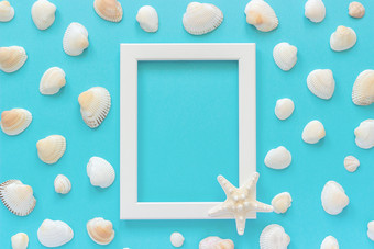 白色框架与海星蓝色的背景和贝壳有创意的平躺前视图模板为明信片设计复制空间为文本白色框架与海星蓝色的背景和贝壳有创意的平躺前视图模板为明信片设计复制空间为文本