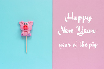 有趣的粉红色的猪<strong>棒棒</strong>糖和登记快乐新一年一年的猪粉红色的蓝色的背景前视图概念问候卡一年的猪猪<strong>棒棒</strong>糖和文本快乐新一年