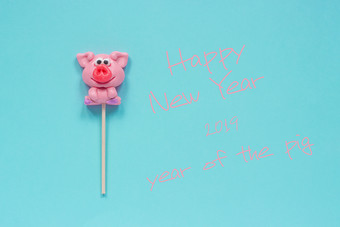 有趣的粉红色的猪棒棒糖和英<strong>语文</strong>本快乐新一年一年的猪蓝色的背景前视图概念问候卡一年的猪猪棒棒糖和文本快乐新一年