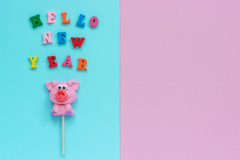 有趣的粉红色的猪棒棒糖和多色登记你好新一年蓝色的粉红色的背景前视图复制空间布局概念问候卡一年的<strong>猪猪</strong>棒棒糖和文本你好新一年