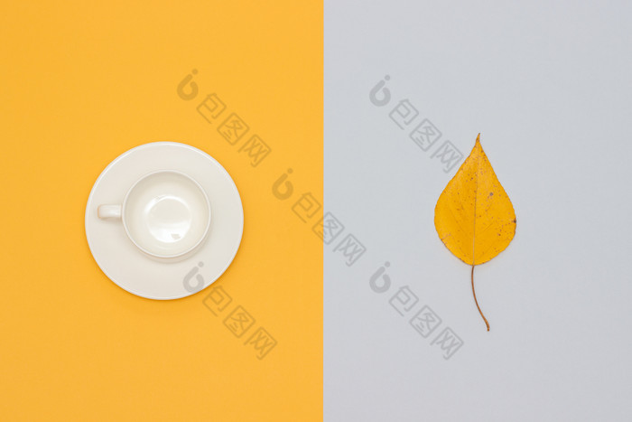 白色空杯与飞碟和秋天叶黄色的和灰色的背景复制空间平躺模拟模板为你的设计白色空杯与飞碟和秋天叶黄色的和灰色的背景复制空间平躺模拟模板为你的设计