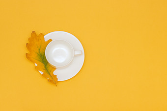白色空杯与飞碟和秋天橡木叶黄色的背景复制空间平躺模拟模板为你的设计白色空杯与飞碟和秋天橡木叶黄色的背景复制空间平躺模拟模板为你的设计