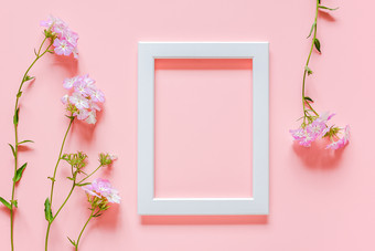白色木图片框架和花粉红色的背景与复制空间有创意的前视图平躺模拟模板为invitstion问候卡白色木图片框架和花粉红色的背景与复制空间有创意的前视图平躺模拟模板为invitstion问候卡