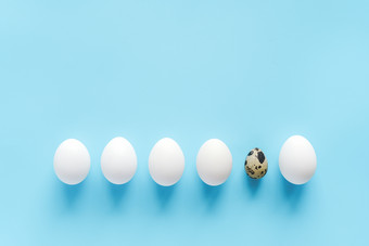 一个鹌鹑蛋在行白色鸡蛋蓝色的背景与复制空间快乐复活节不就像每一个人其他的概念有创意的平躺前视图模板为设计邀请明信片一个鹌鹑蛋在行白色鸡蛋蓝色的背景与复制空间快乐复活节不就像每一个人其他的概念有创意的平