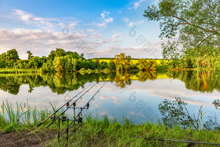 钓鱼棒为鲤鱼钓鱼河日出夏天钓鱼棒河