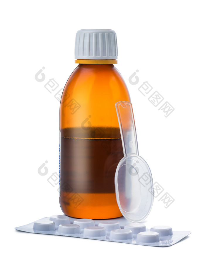 糖浆和药片孤立的白色背景糖浆和药片